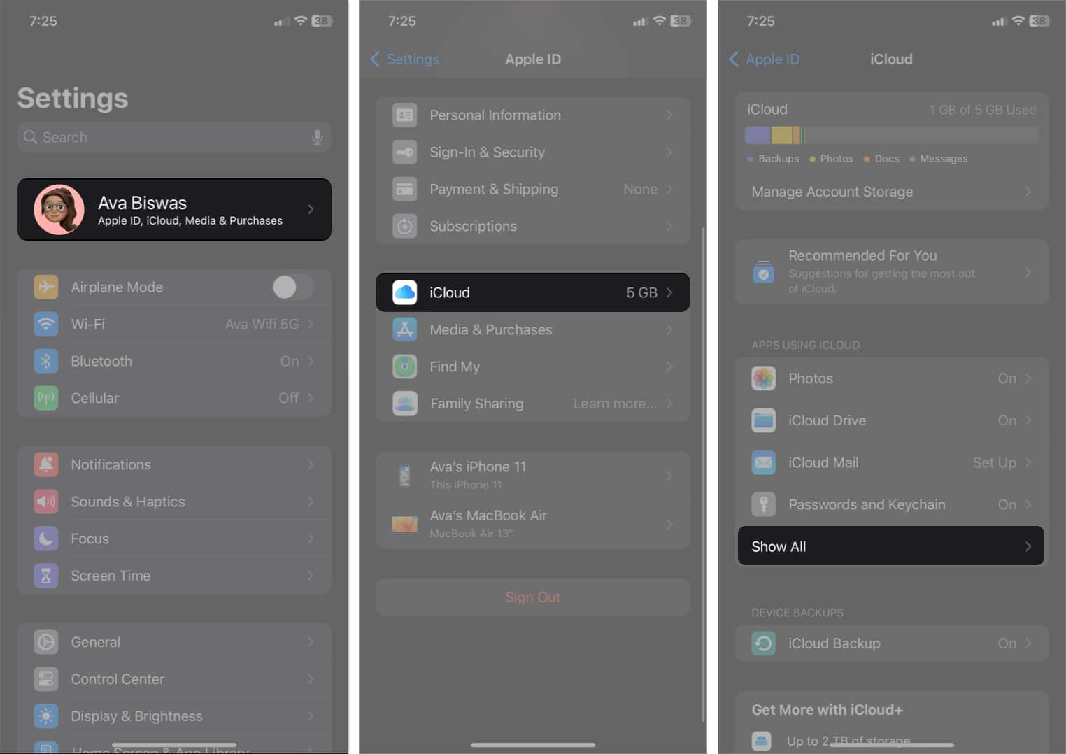 tap your Apple id select icloud tap show all in Settings