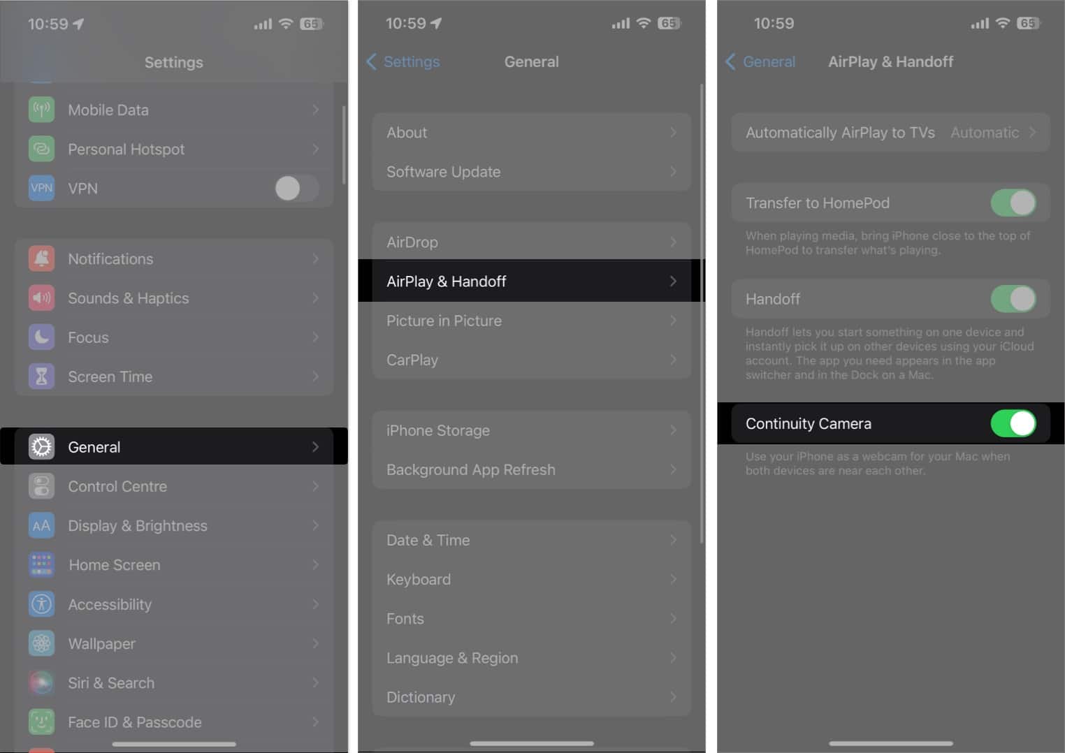 Access General Airplay  handoff toggle on Continuity Camera in the settings app