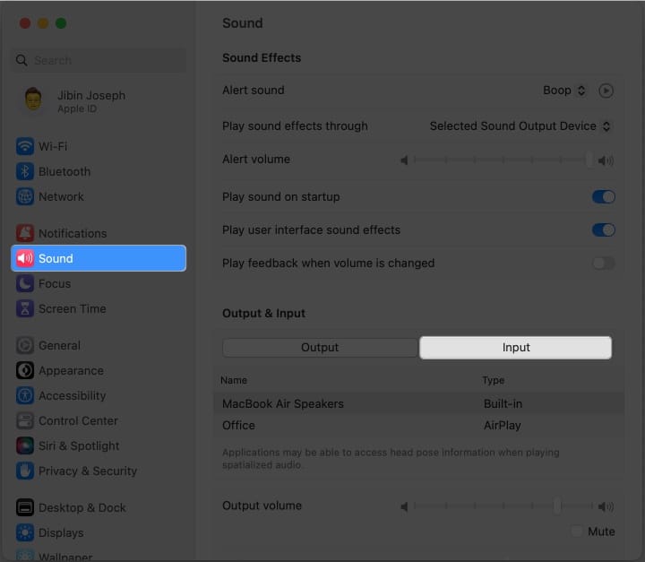 Access Sound select output in the settings
