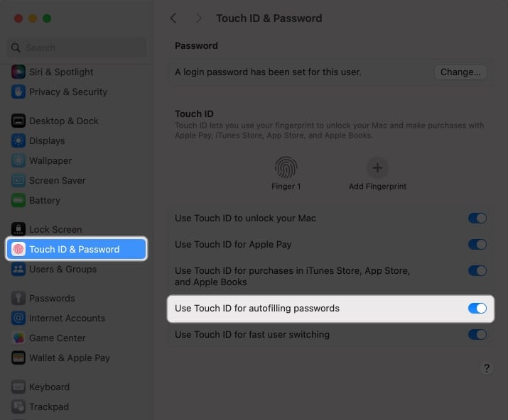 Choose Touch ID  Password and toggle on Use Touch ID for autofilling passwords