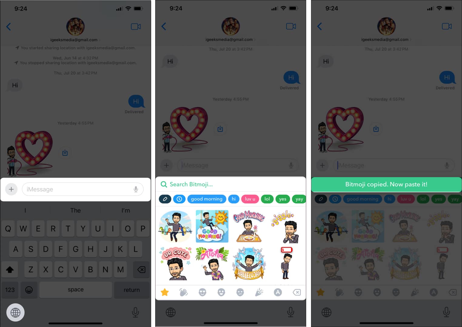 Choose the text field press the Globe icon on the Keyboard and tap the Bitmoji you like