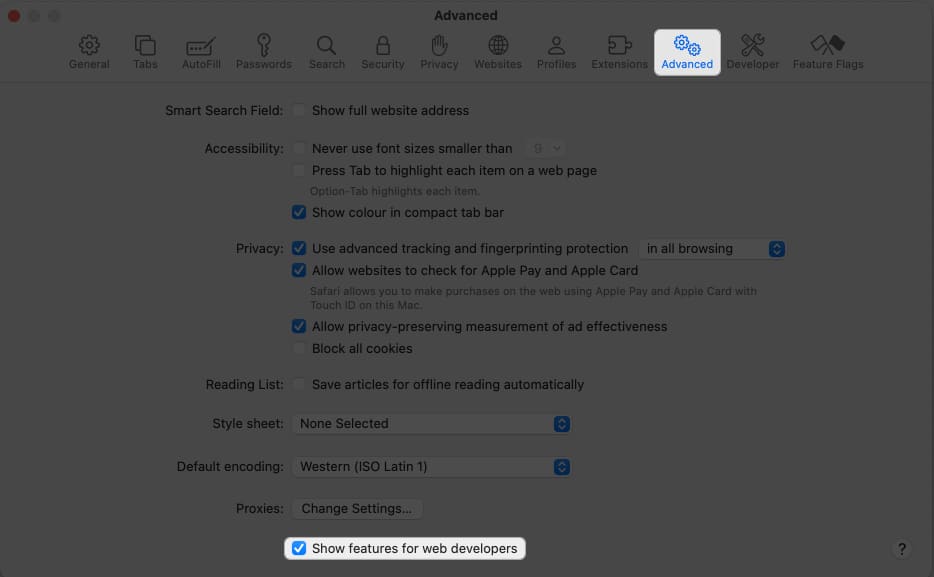 Click advanced Show features for web developers in Safari