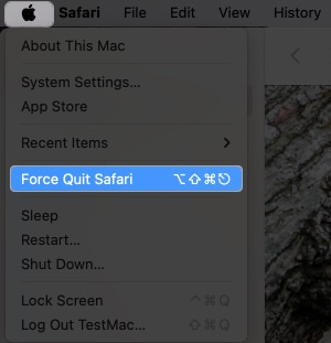 Click apple logo force quit safari