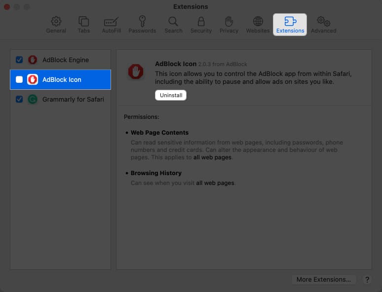 Click extensions select an extensiion click uninstall in Safari