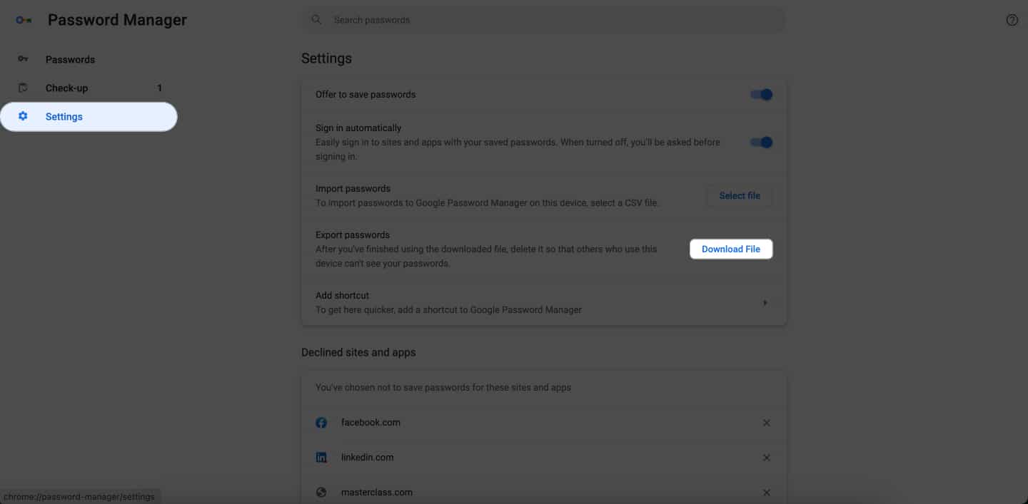 Click settings download file to export passwords