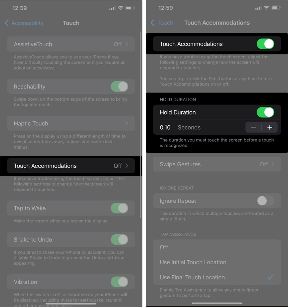Enable Touch Accommodations and Hold Duration