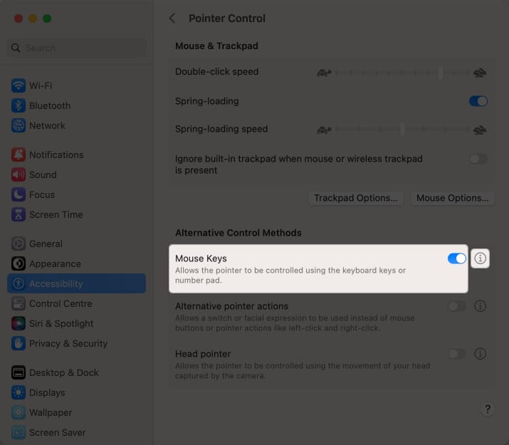 Enable mouse keys click the info icon in System Settings
