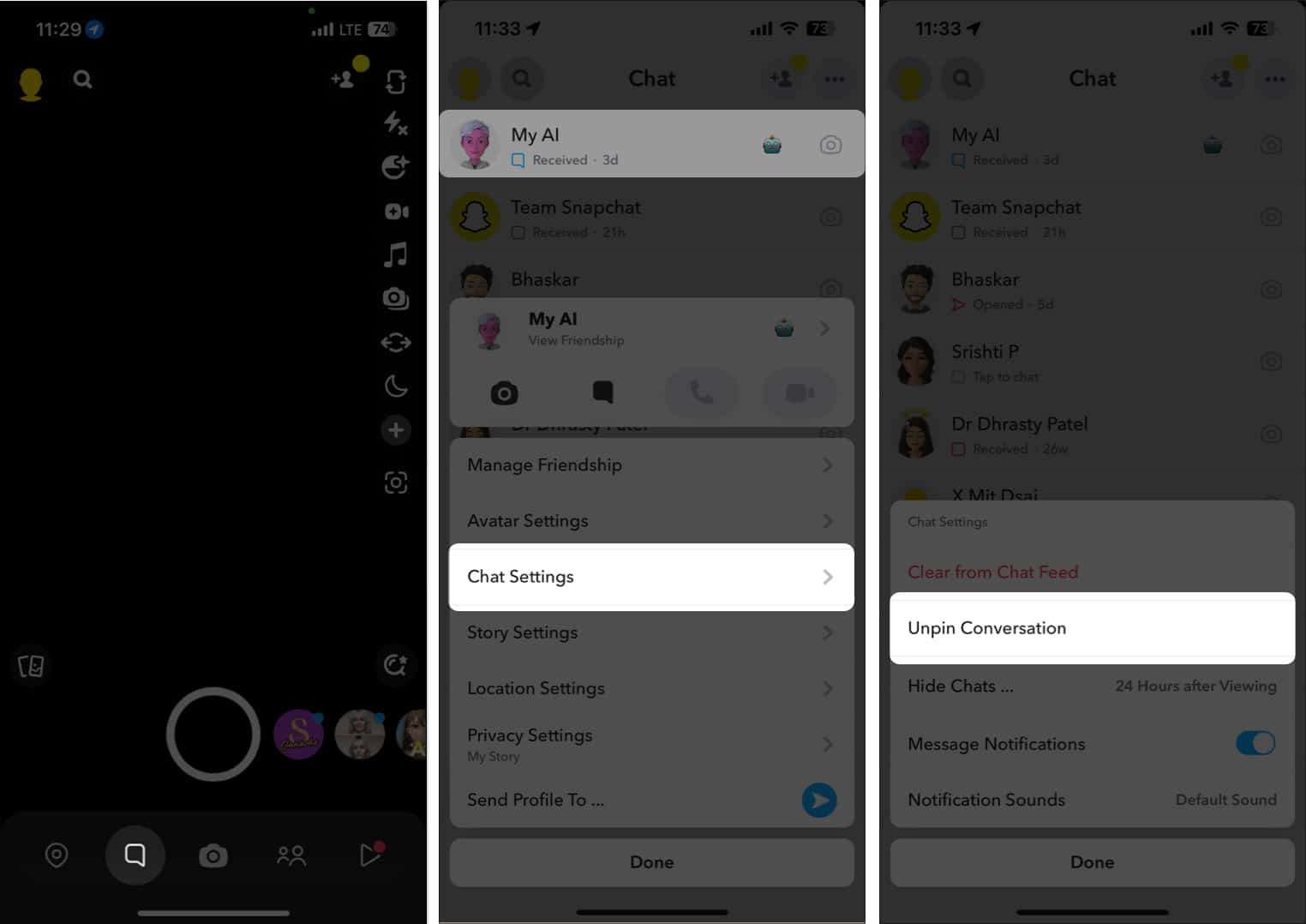 Go to chats long press the My AI chat pick Chat Settings and select Unpin Conversation