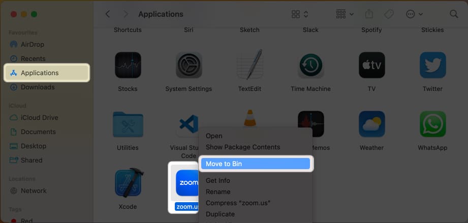Head to that location right click on the app file and select Move to Bin