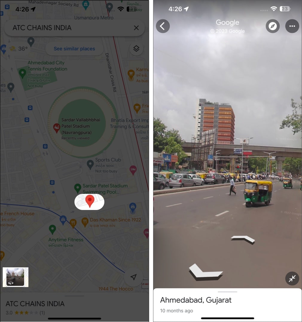 Pin point another location tap street view e and access street view in google maps