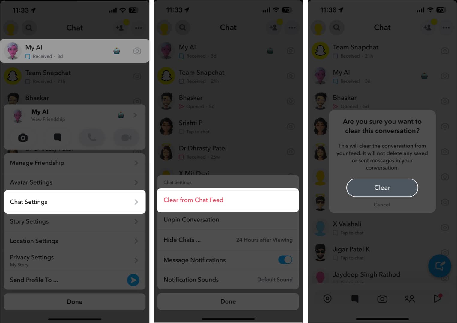 Press and hold the My AI chat select Chat Settings choose Clear from Chat Feed and hit the Clear button