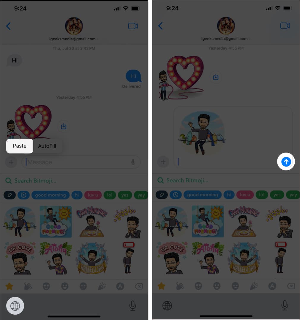 Press and hold the text field select Paste and press Send