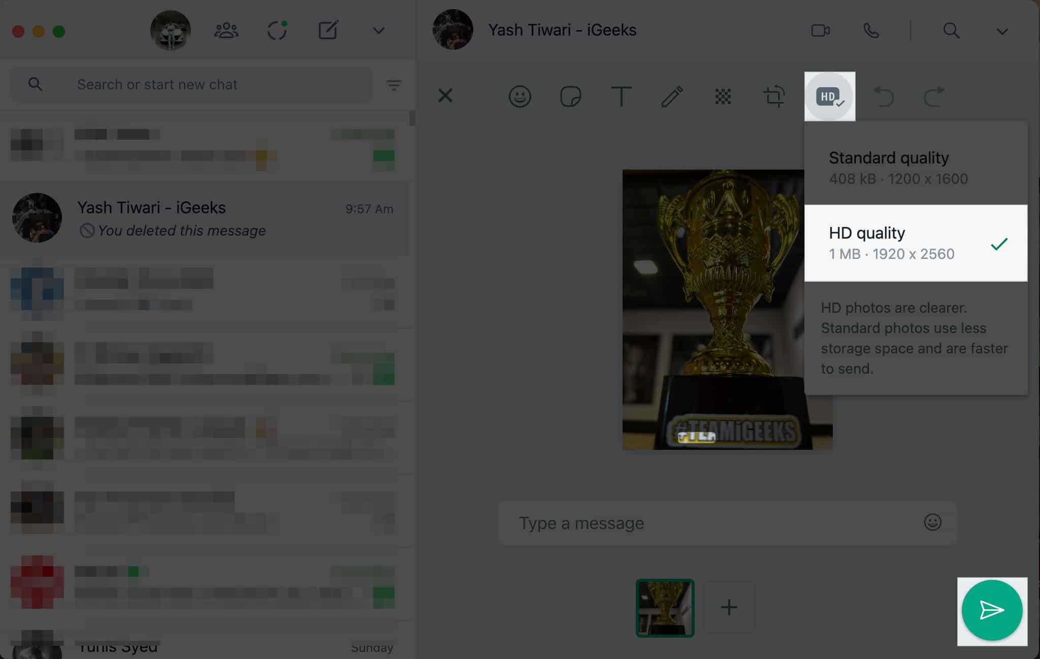 Select HD quality image in WhatsApp