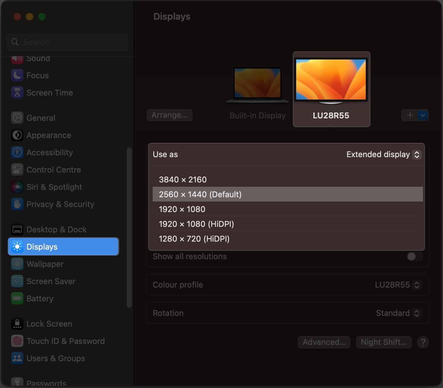 Select display choose the external monitor and select a resolution in settings