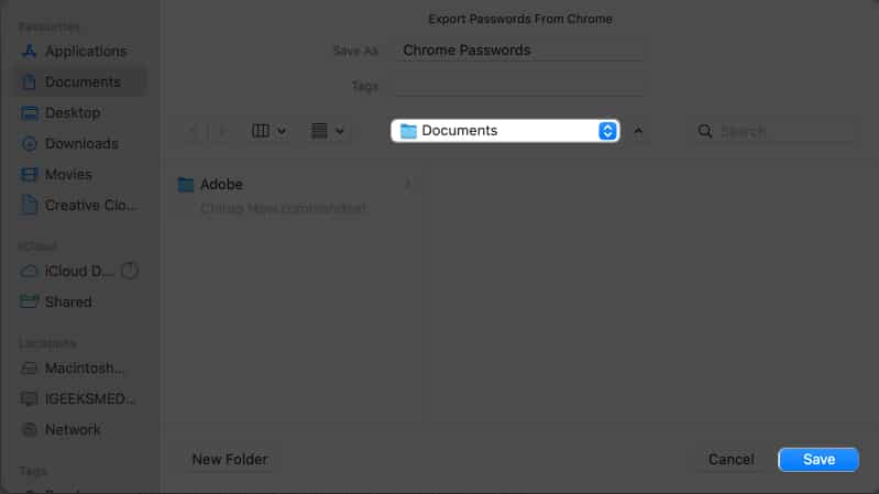 Select the file location click Save to export password file