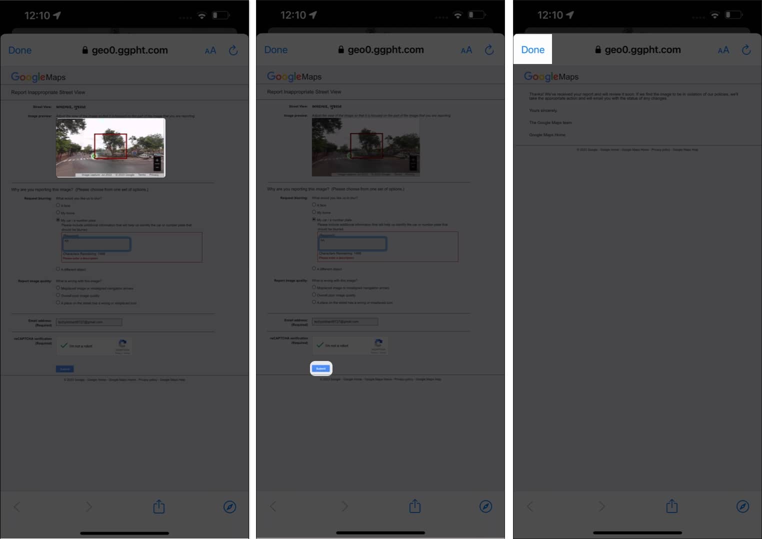 Select the region fill in the details tap submit and tap done in google maps