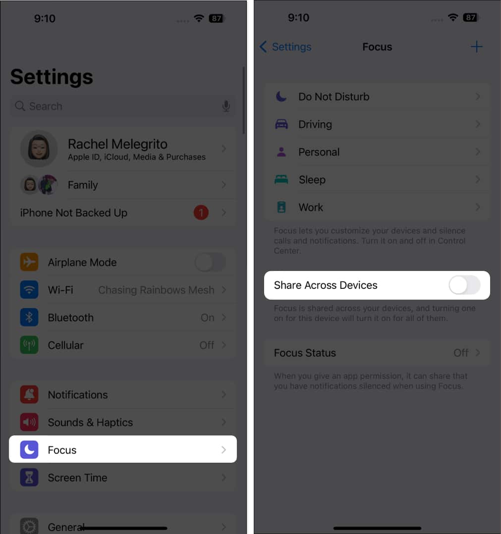 Settings Focus Toggle off Share Across Devices