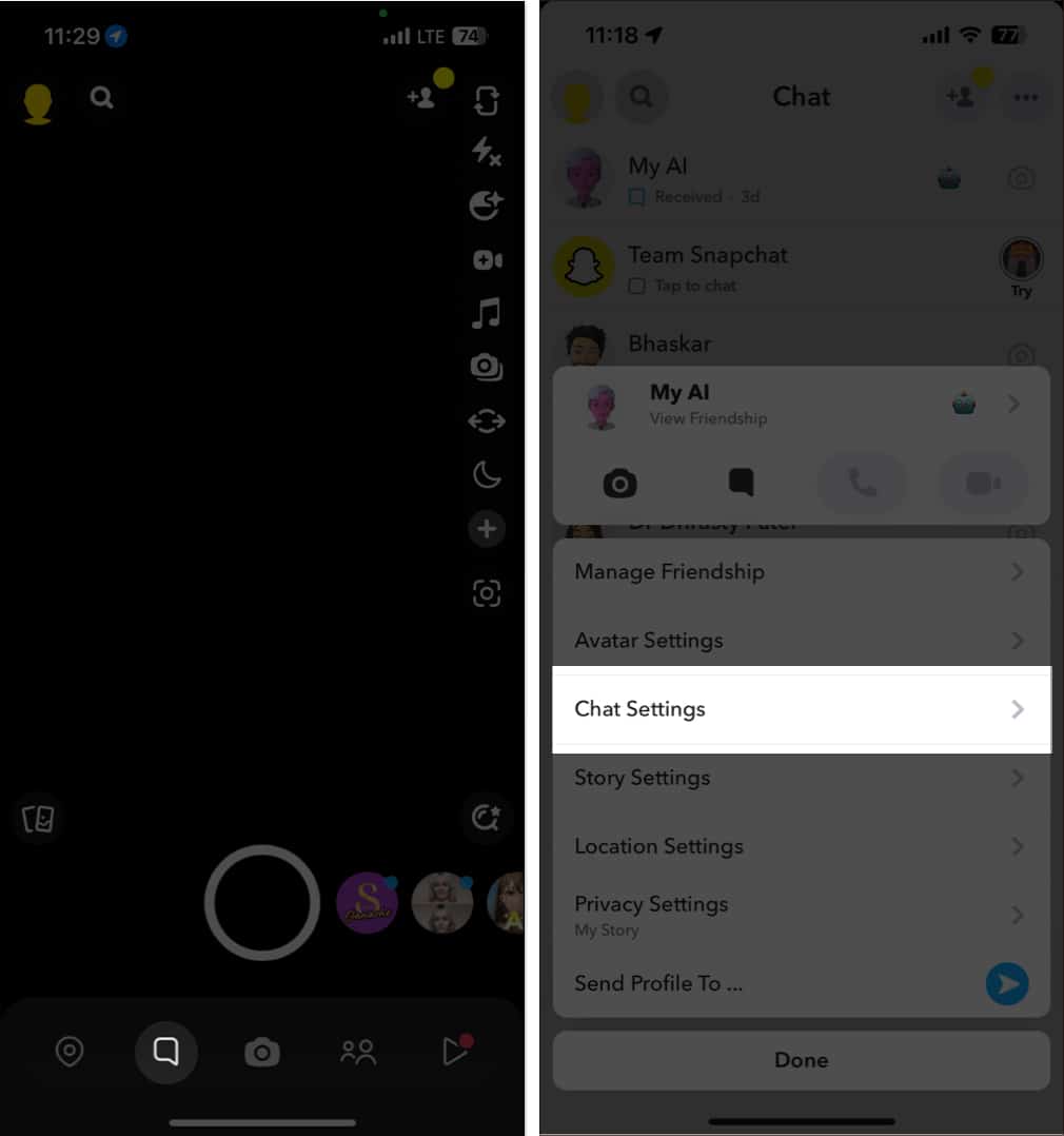Tap Chats section long press My AI chat and select Chat Settings