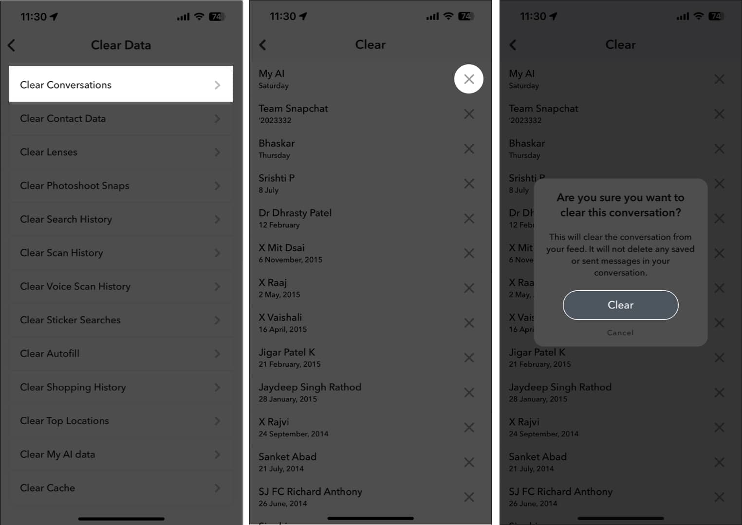 Tap Clear Conversations press the X button next to My AI and confirm by tapping Clear