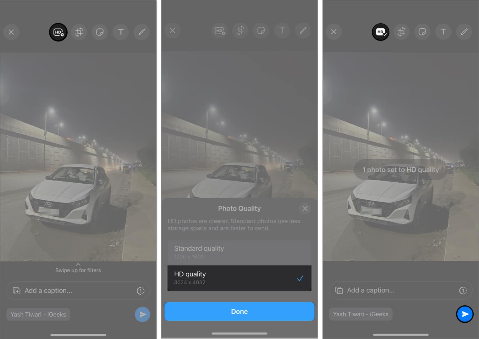 Tap HD icon select HD quality option hit Send in WhatsApp