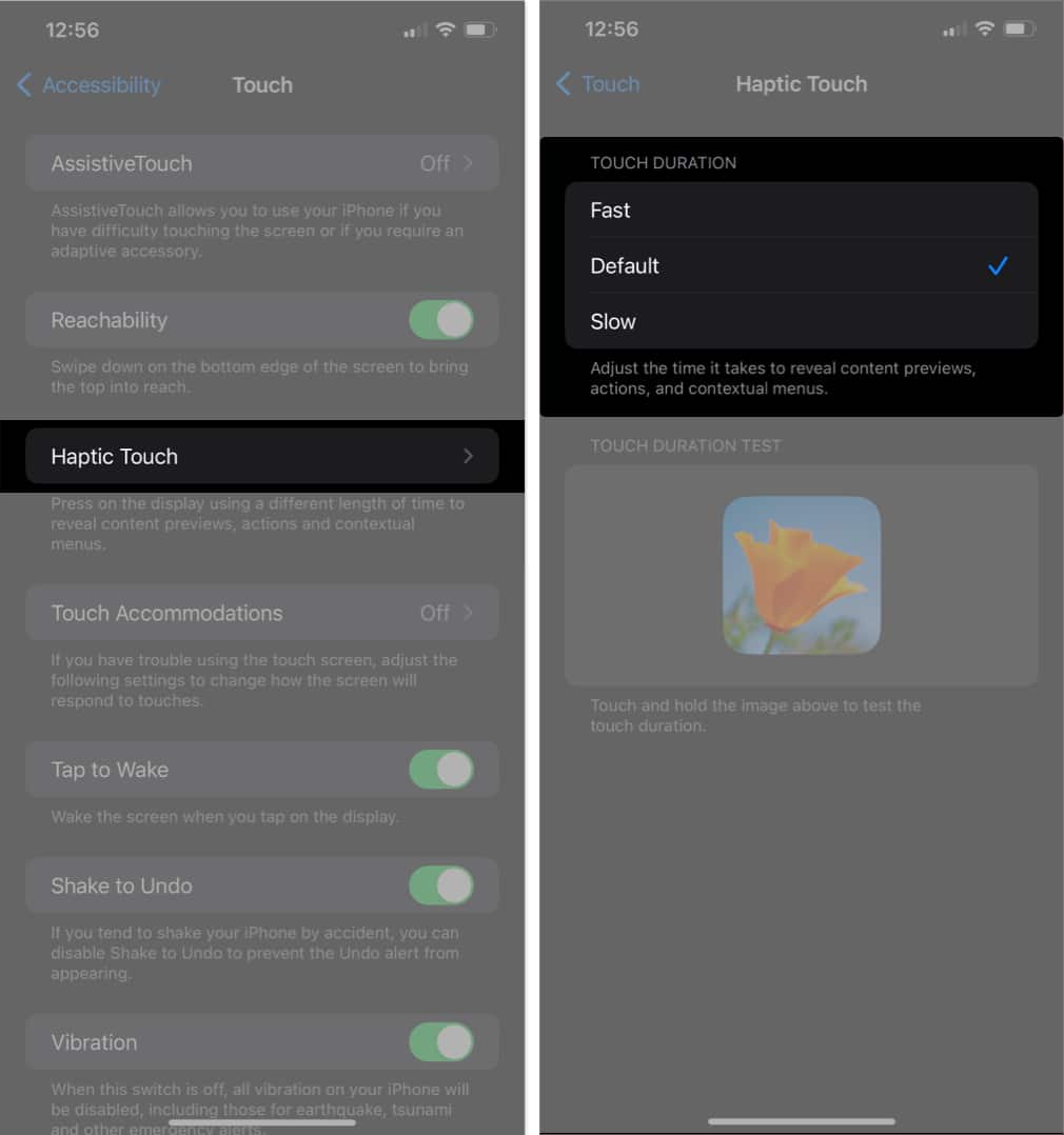 Tap Haptic Touch and select a touch duration