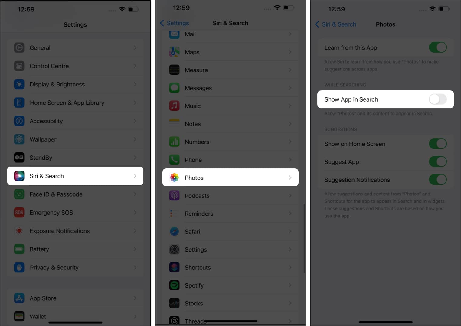 Tap Siri Search Photos Show App in Search in Settings