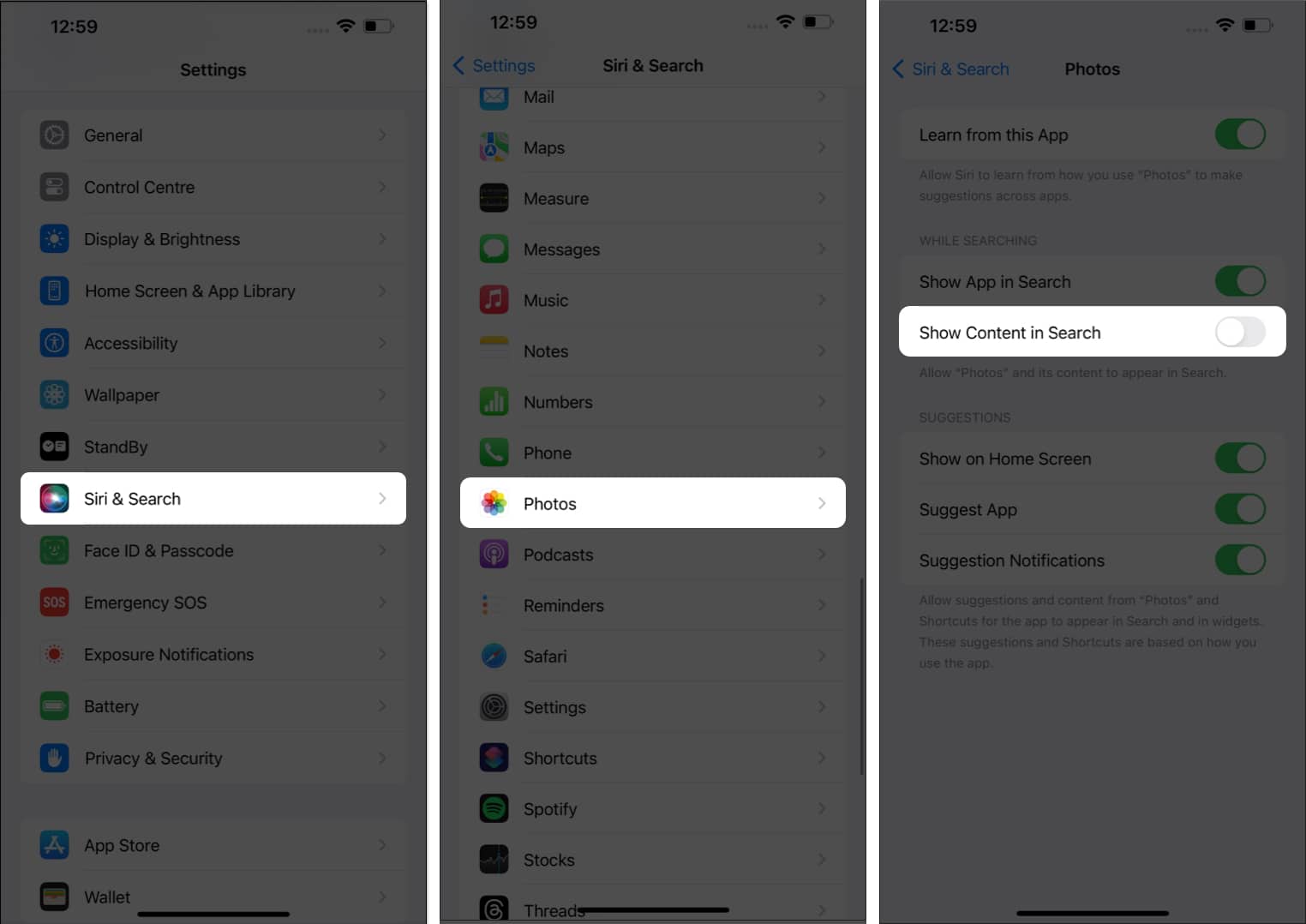 Tap Siri Search Photos Show Content in Search in Settings
