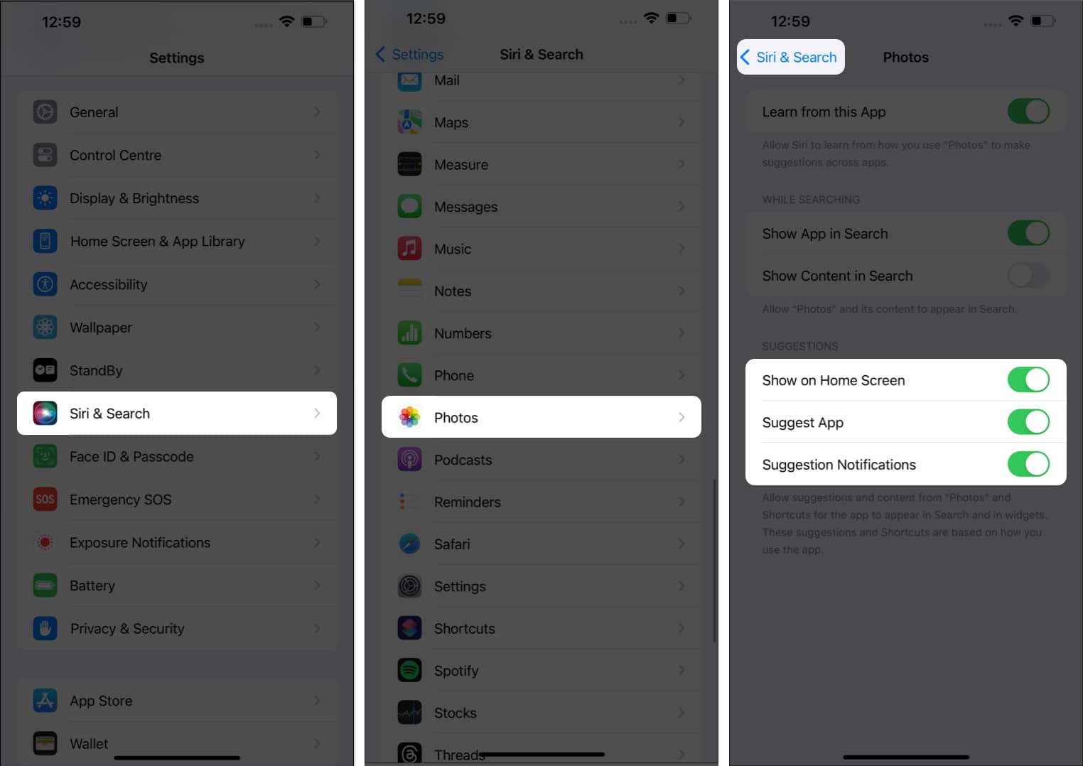 Tap Siri Search Photos Suggestions in Settings