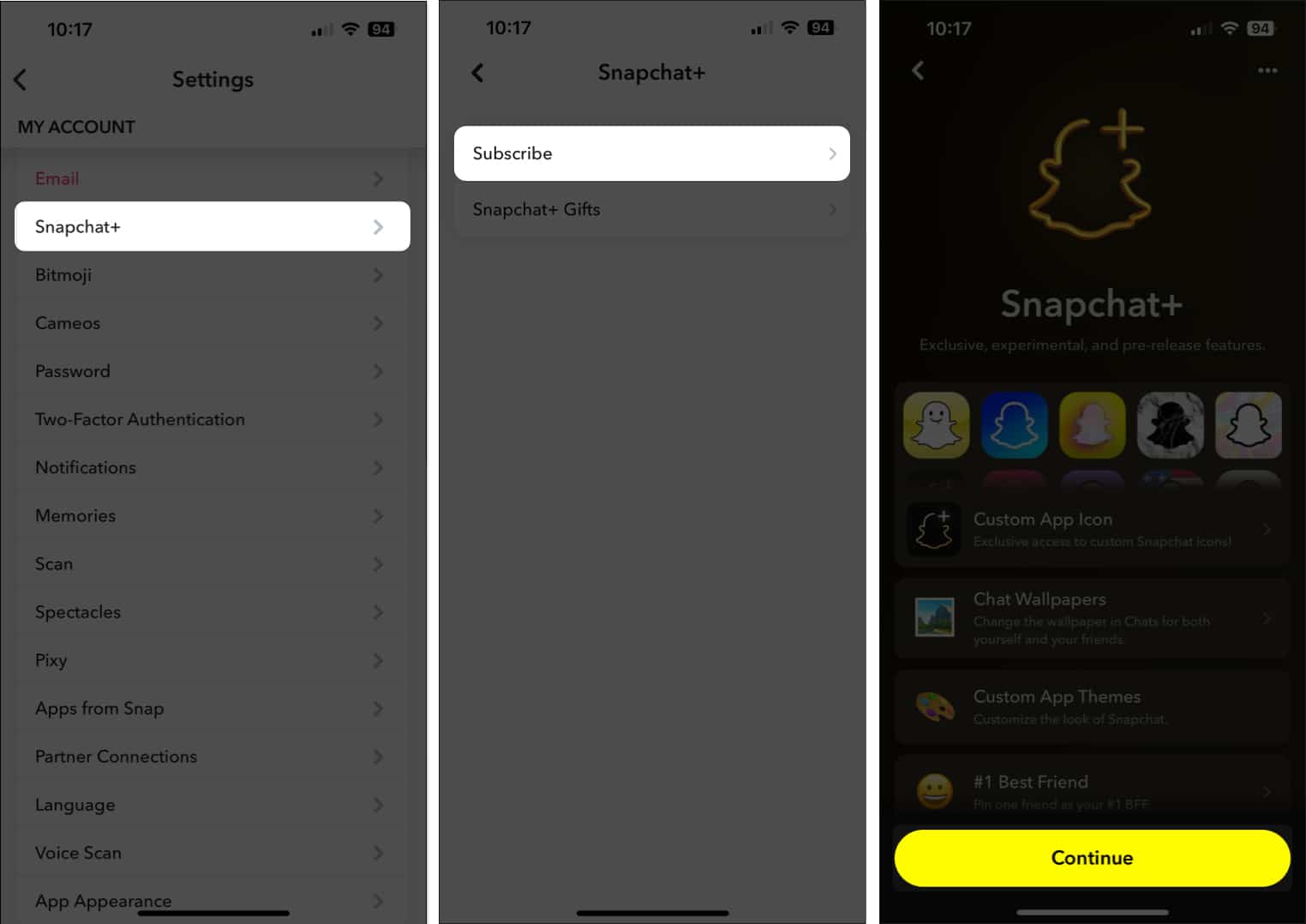 Tap Snapchat Plus Subscribe Continue