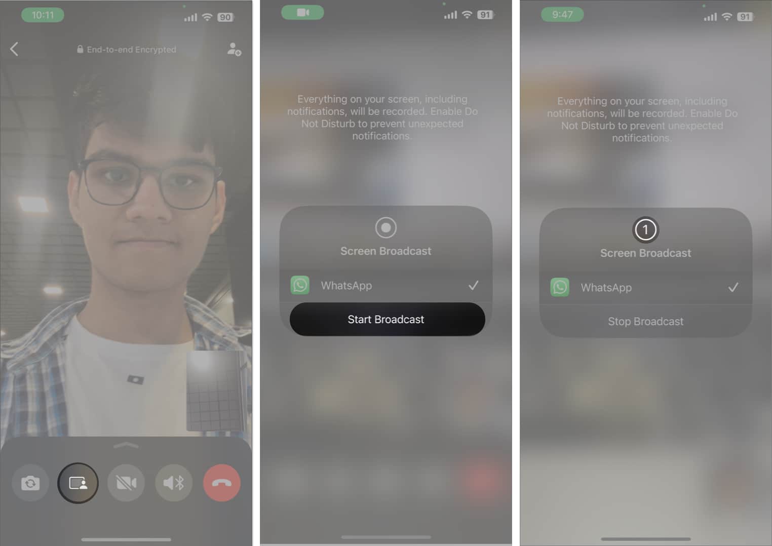 Tap screen share option start broadcast in WhatsApp