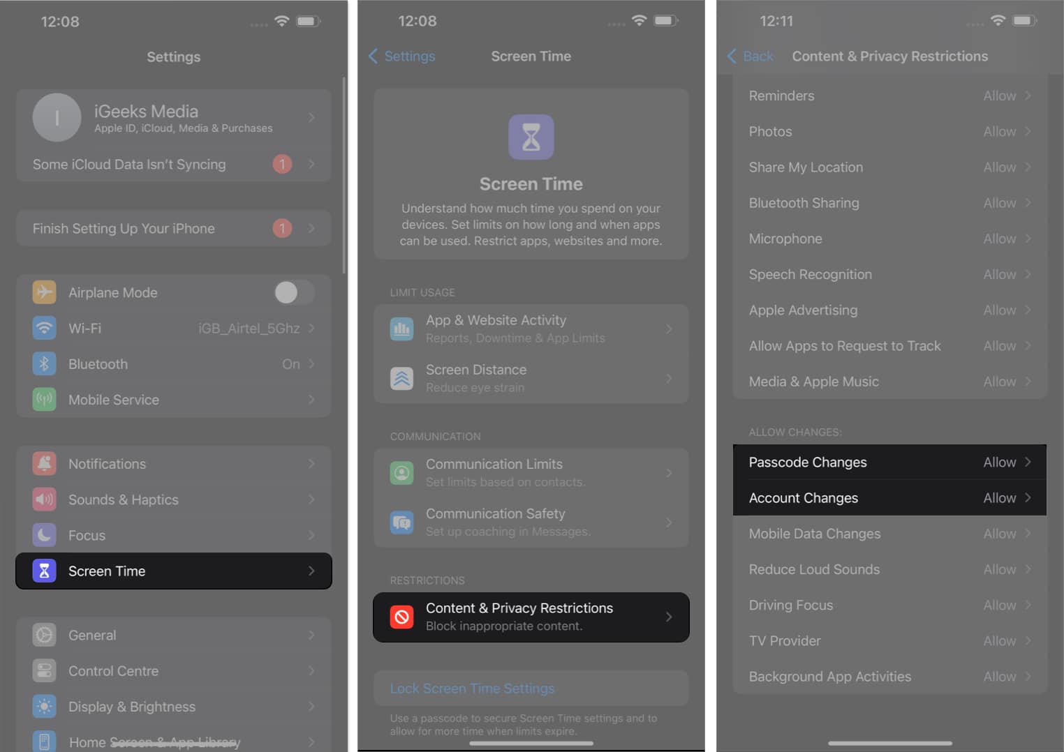 Tap screen time content and privacy restriction allow passcode and account changes