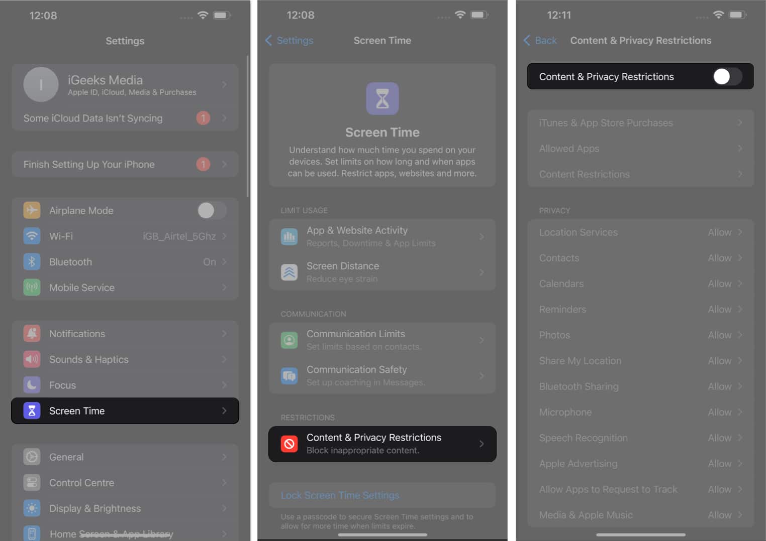 Tap screen time toggle off content and privacy restrictions