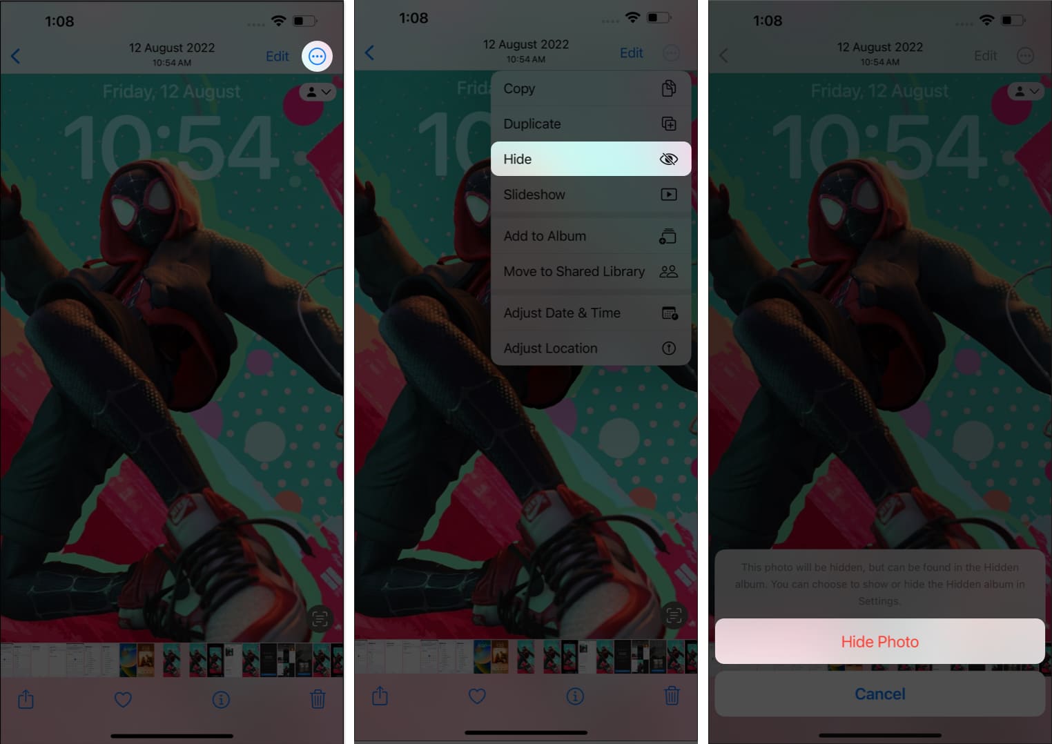 Tap the three dot icon hide photo hide photo in photos app