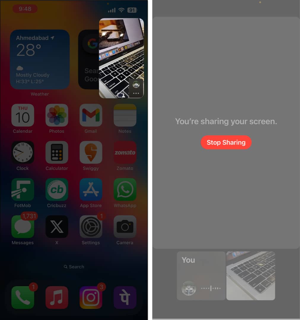 Tap the video call Stop Sharing in WhatsApp