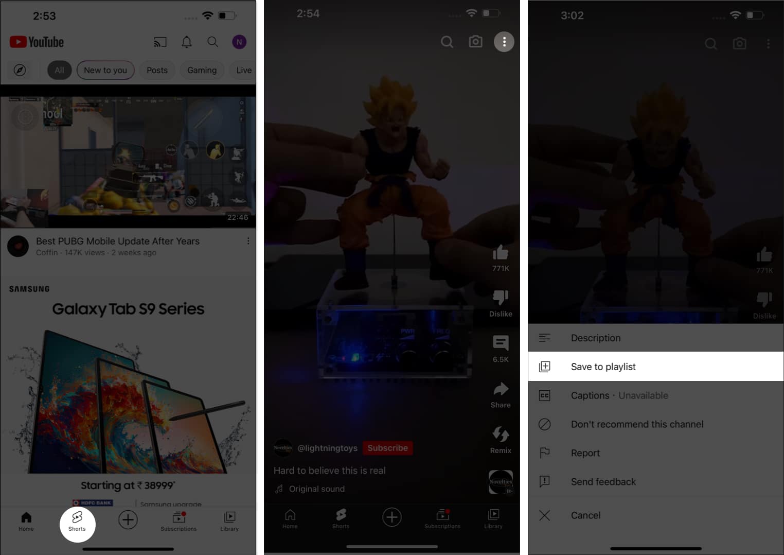 Three dot icon to Save YouTube Shorts to playlist