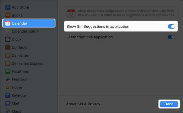 Toggle on Show Siri Suggestions in application and click Done