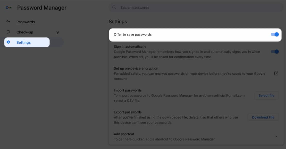 click settings toggle on offer to save password in google password manager