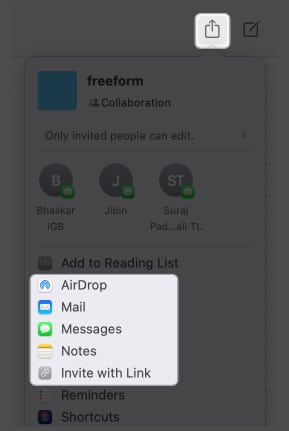 click share icon select messages in freeform