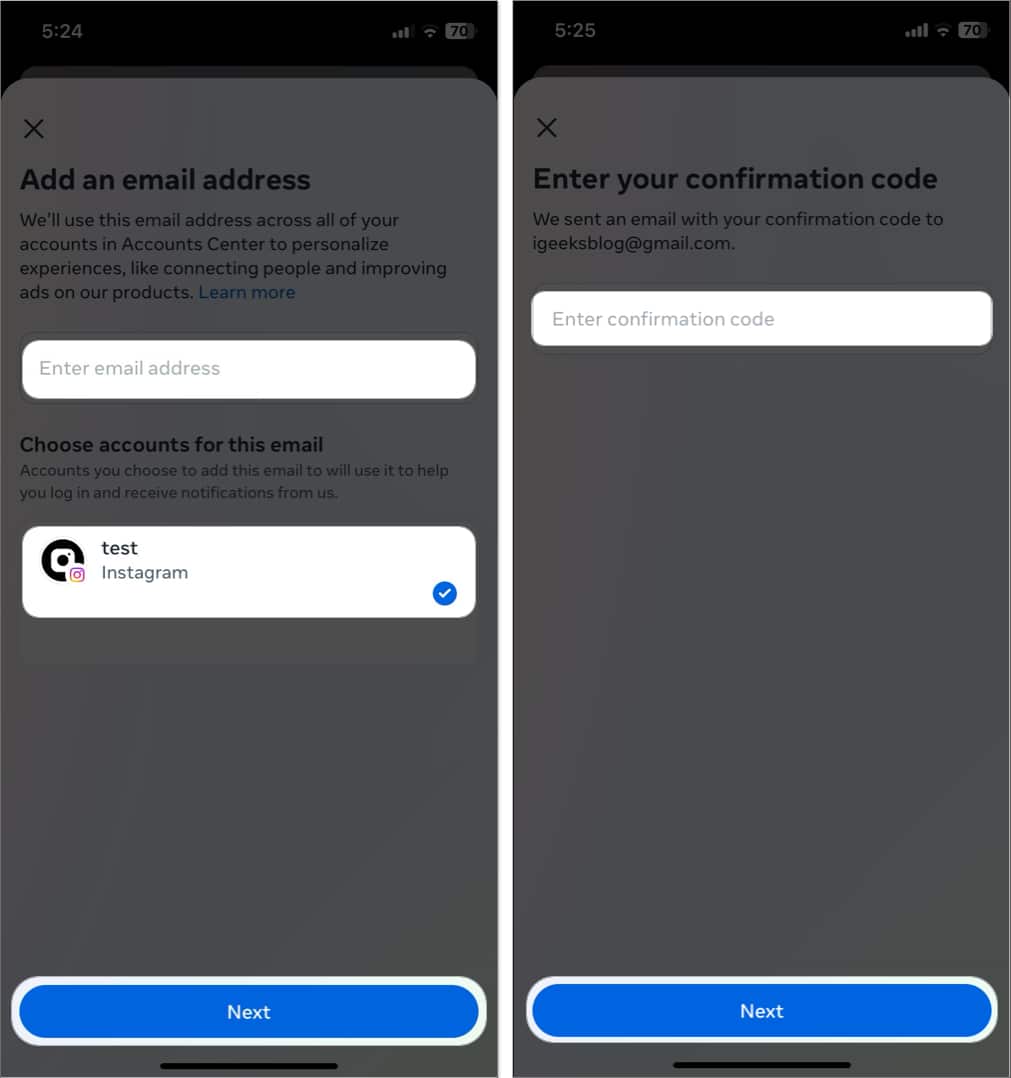 enter your email select profile tap next enter code in instagram