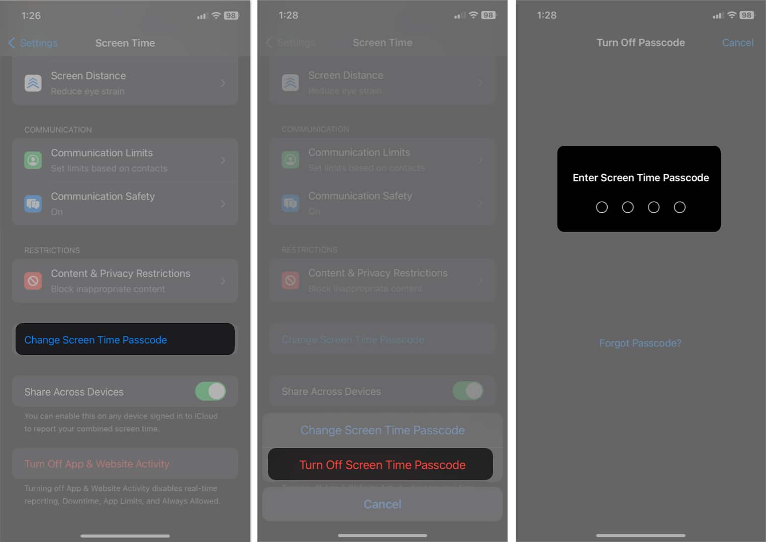 tap change screen time passcode turn off screen time passcode enter passcode in settings