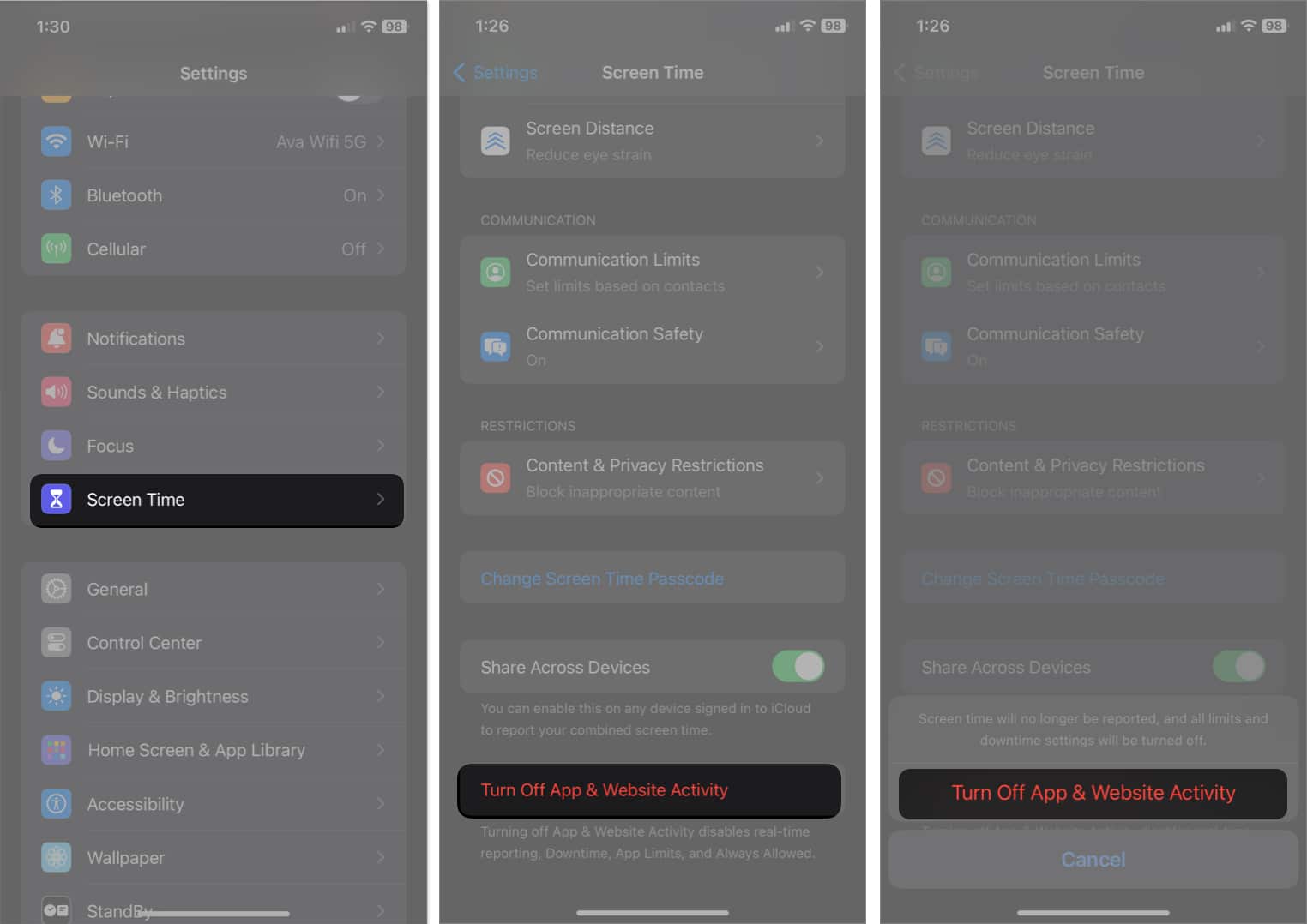 tap screen time turn off app and web activity in settings