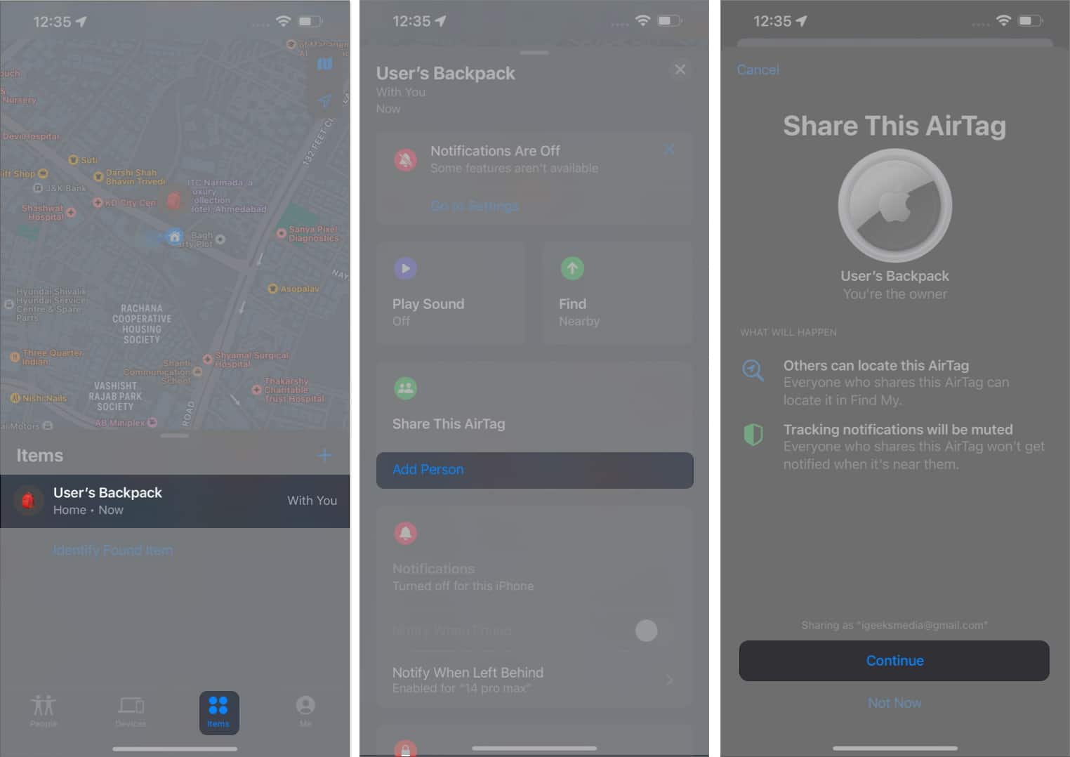 Access Items menu select AirTag tap Add Person tap Continue in AirTag