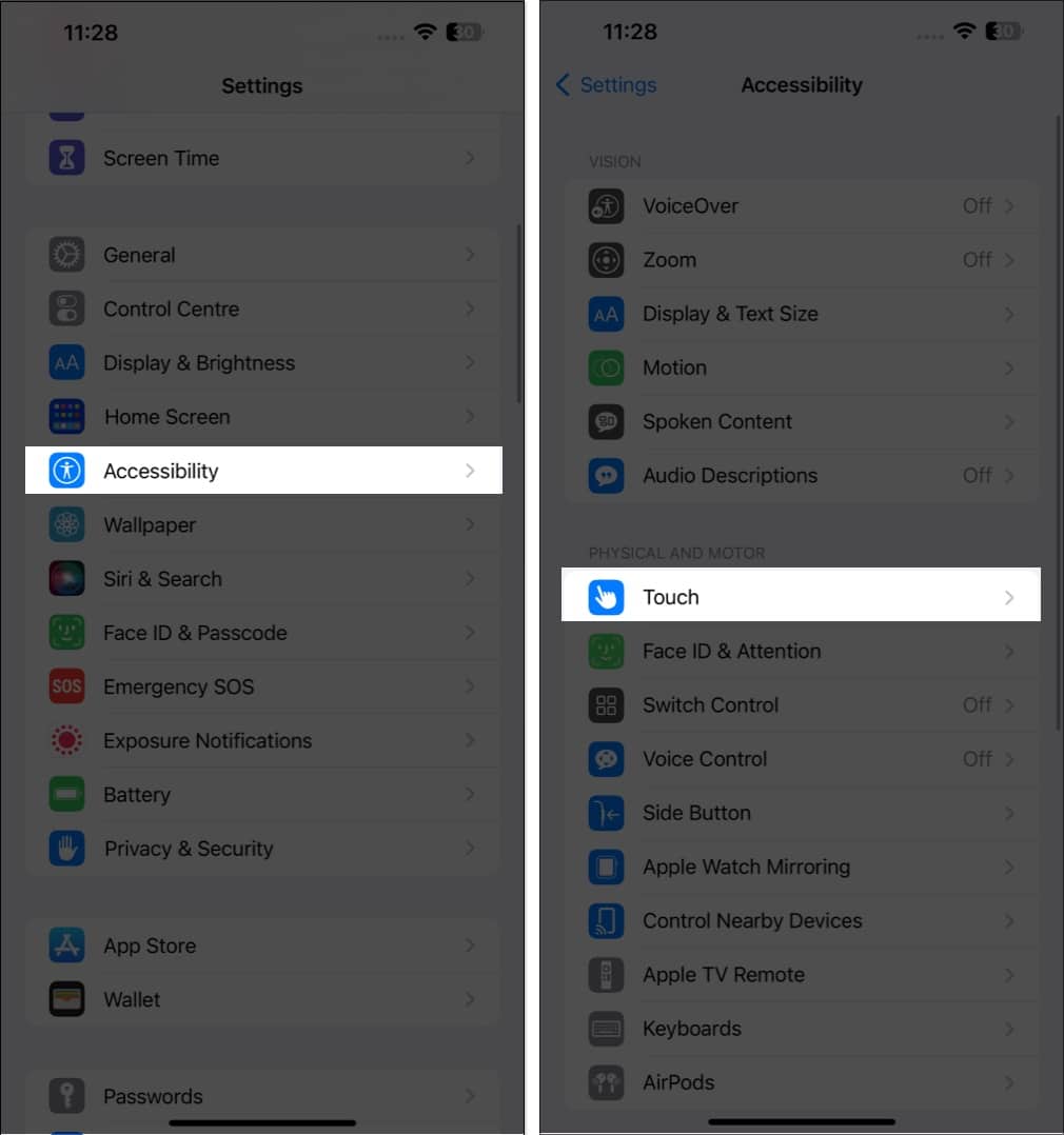 Access accessibility touch in settings