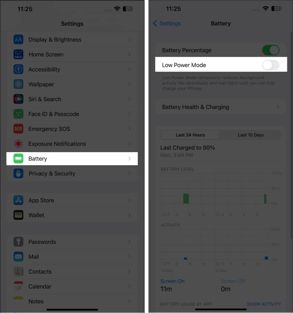 Access battery toggle off low power mode in settings