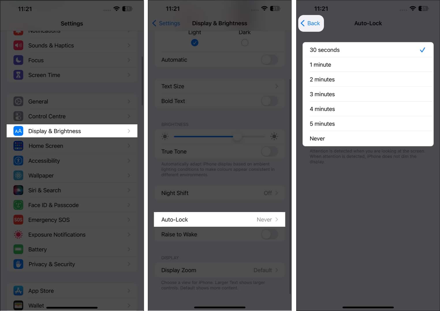 Access display  brightness auto lock set a duration in settings