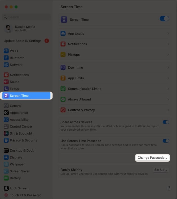 Access screen time click change passcode in settings app