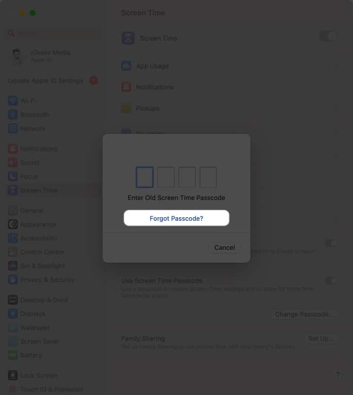 Click forgot passcode in screen time settings