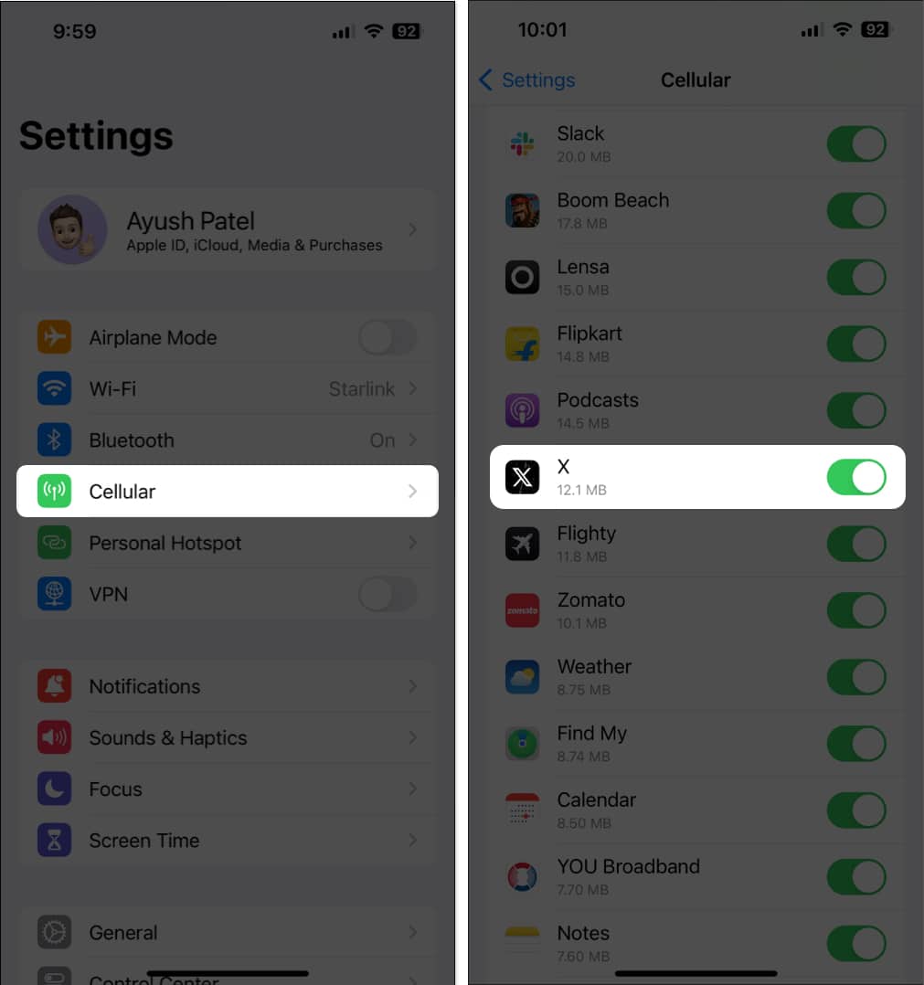 Ensure Twitter can access cellular data
