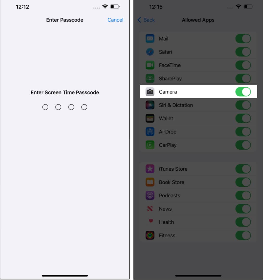 Enter Passcode to allow Camera app