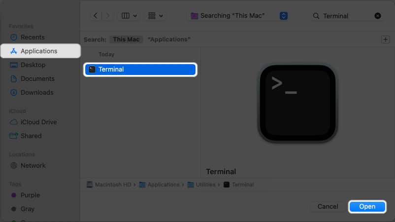 Go to Applications select Terminal and click Open